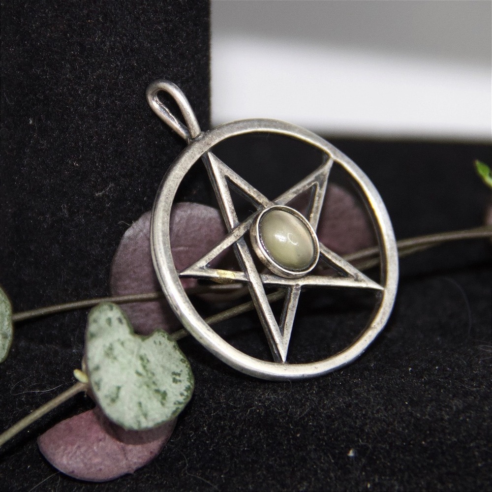 925 Sterling Silver Pentagram Pendant Cats Eye Stone Star Wiccan Pagan Jewelry - Picture 2 of 8